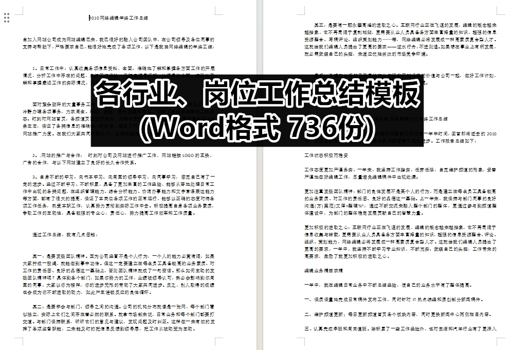 Worda002 各行业、岗位工作总结模板(Word格式 736份)